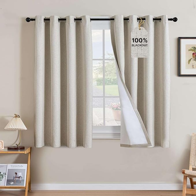 H.VERSAILTEX Linen Curtains 100% Blackout Curtains for Bedroom 54 inch Long Full Light Blocking Nature Linen Blended Window Curtains for Living Room Nickel Grommet (2 Panels, Heathered Linen)