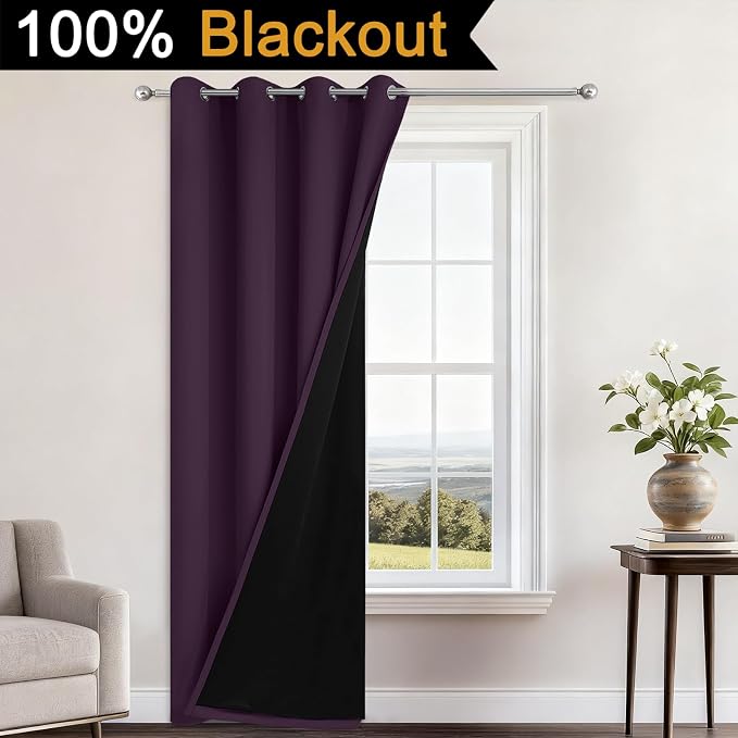 Yakamok Purple 100% Blackout Curtains 84 Inches Long for Bedroom, 1 Panel | Blackout Curtain Panels for Bedroom, 2 Thick Layers Grommet Top Thermal Insulated Drapes with Black Liner for Living Room