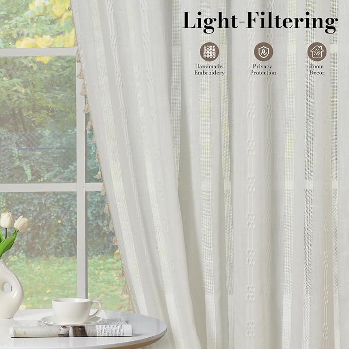 ColorBird White Boho Curtains Linen-Textured Light Filtering for Living Room Bedroom 63 Inch Farmhouse Embroidered Striped Whimsical Drapes Window Treatment for Dining Room Kitchen