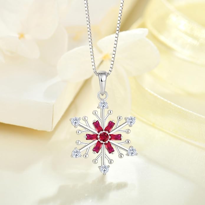 925 Sterling Silver Snowflake Necklace Birthstone Snowflake Pendant Necklaces for Women Cubic Zirconia Christmas Jewelry