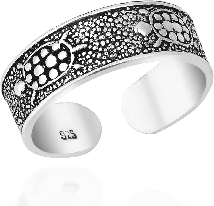AeraVida .925 Sterling Silver Adjustable Toe Ring or Pinky Ring 5mm Wide Open Band, Stackable Minimalist Summer Foot Jewelry | Sun Moon Star Turtle Butterfly Leaf Olive Branch Ocean Wave Yin Yang Design