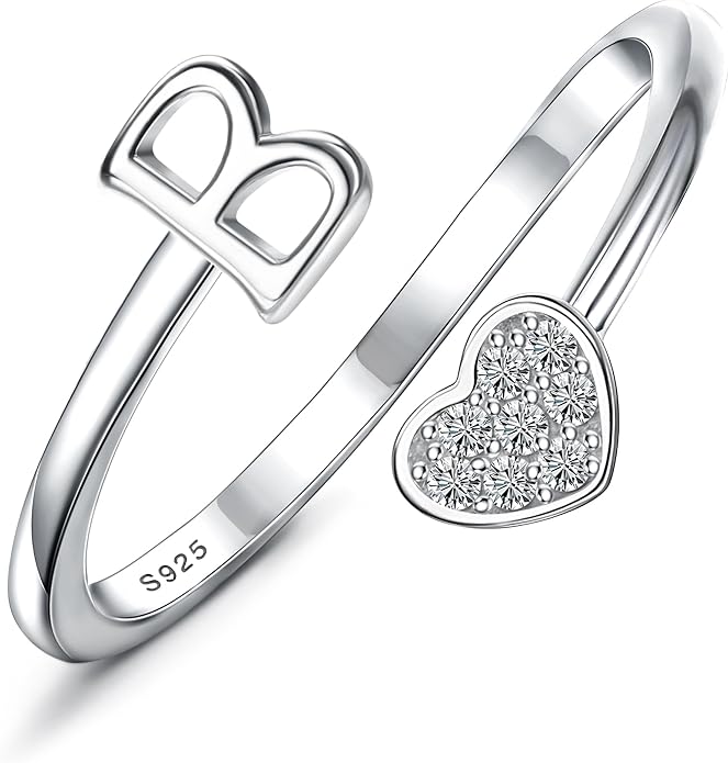 MILACOLATO 925 Sterling Silver Initial Rings for Women Teen Girl 18K Gold Plated Heart Initial Rings Adjustable Capital Letter Ring Stackable Thumb Pinky Rings for Daughter Birthday Bridesmaid Gifts Jewelry, A to Z