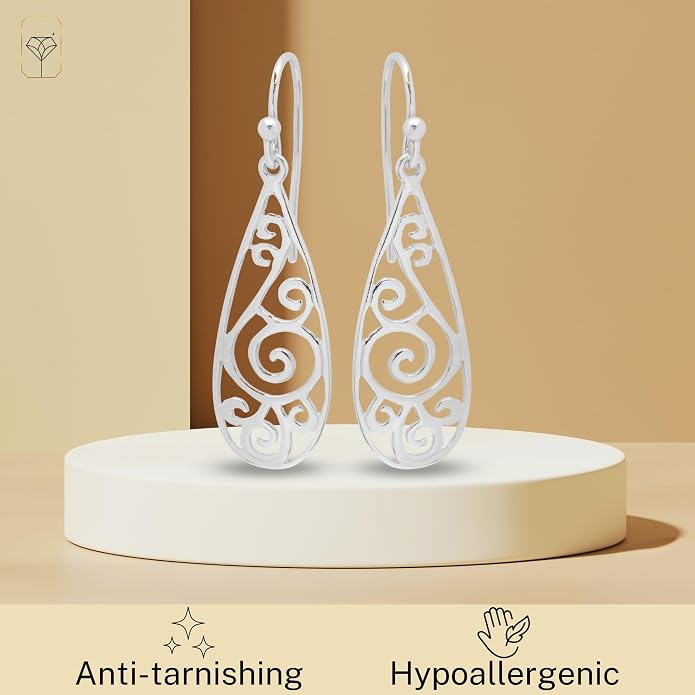 MAX + STONE 925 Filigree Sterling Silver Teardrop Dangle Anti-tarnishing Statement Earrings for Women