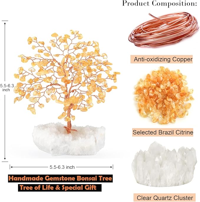 Natural Citrine Gemstone Crystal Tree of Life,Clear Quartz Cluster Base,Bonsai Money Tree Feng Shui Home Decor,Healing Crystals Positive Energy Gift for Luck and Wealth 5.5"-6.3"