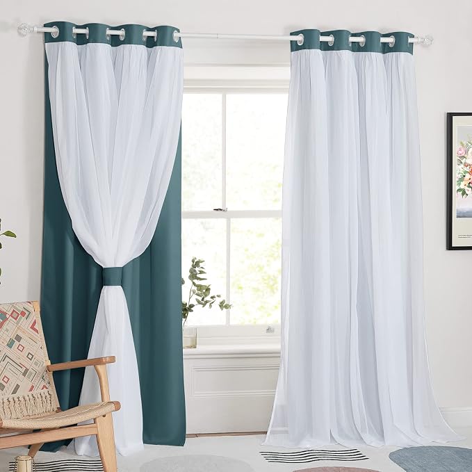 PONY DANCE Nursery Curtains Pink - Curtains for Bedroom Decor Aesthetic Cute Double Layer with Sheer Overlay Windows Covering, 52 x 84 inches, Slateblue, 2 Panels