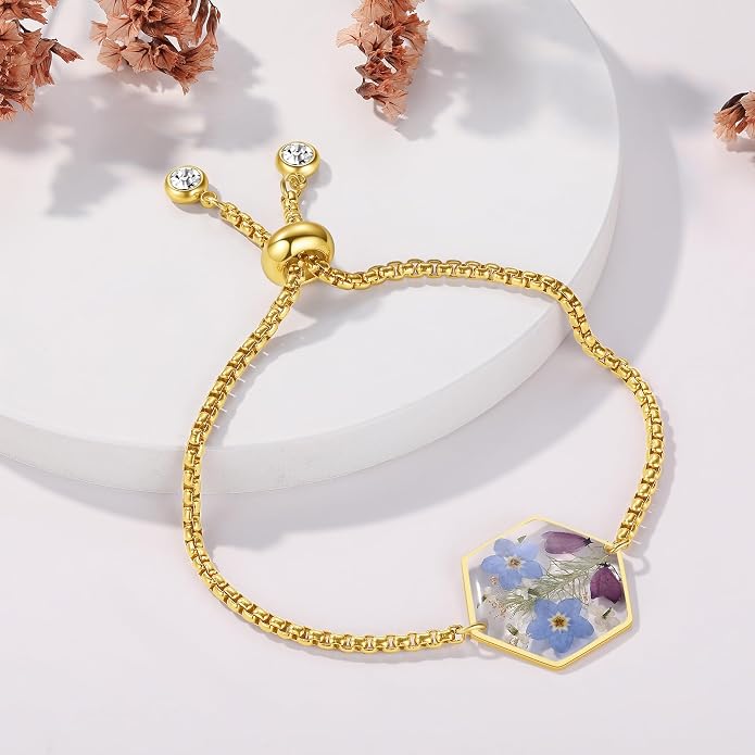 AUNTESIGN Forget-Me-Not Pressed Wildflower Bracelet | Pressed Flower Bracelet | Gold/Silver Pressed Flower Jewelry | Personalized Handmade Jewelry | Gift For Women
