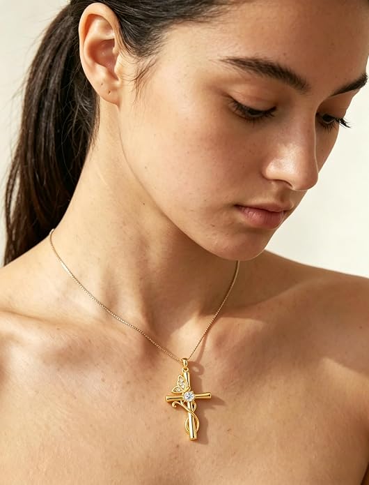 STARCHENIE Butterfly Cross Necklace 925 Sterling Silver Crucifix Pendant Birthstone Jewelry for Women