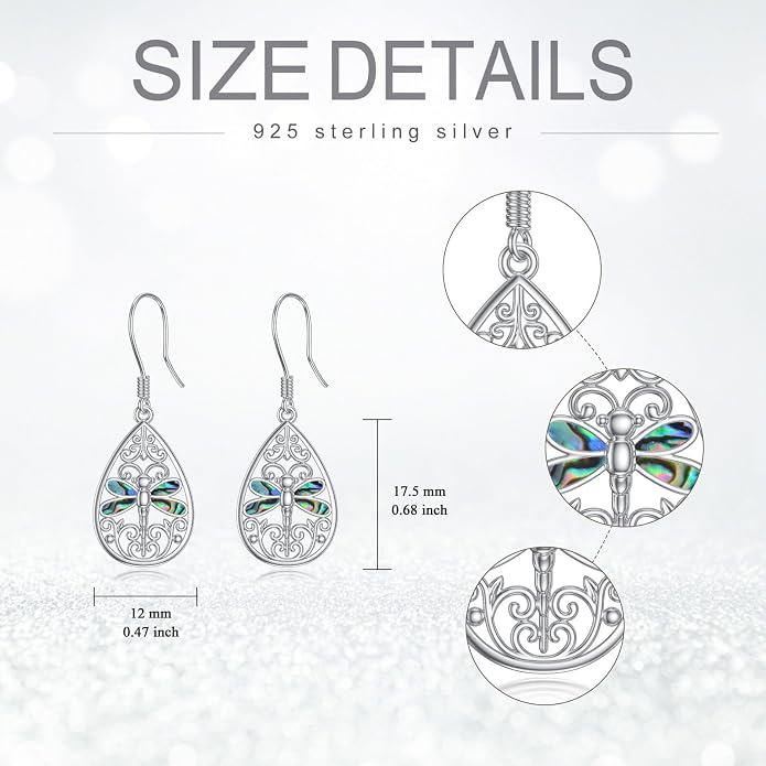 VONALA Abalone Shell Filigree Earrings 925 Sterling Silver Half Butterfly/Dragonfly Teardrop/Long/Vintage Abalone Shell Drop Dangling Earrings Bohemian Jewelry Gifts for Women