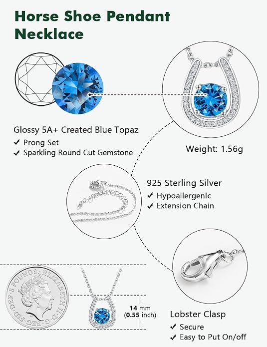 925 Sterling Silver Horseshoe Necklace for Women Round Gemstone Birthstone Necklace Sapphire/Emerald/Ruby/CZ Horse Shoe Pendant Necklaces Jewelry Gift