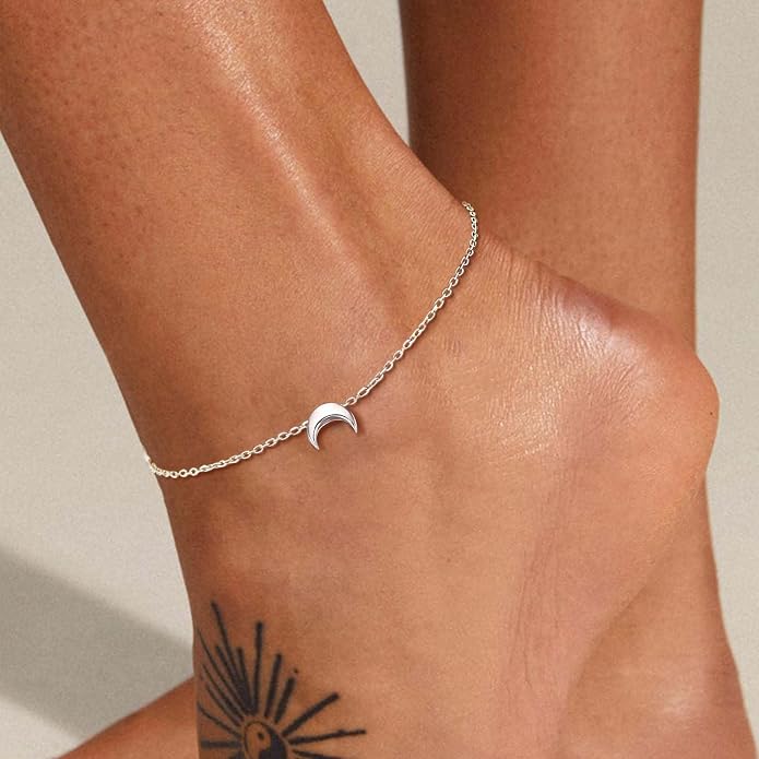 ChicSilver Personalized 925 Sterling Silver Tiny Heart/Moon/Star/Sun/Dot/Triangle Anklets Simple Dainty Foot Jewelry for Women, Silver/Gold Plated/Rose Gold Plated