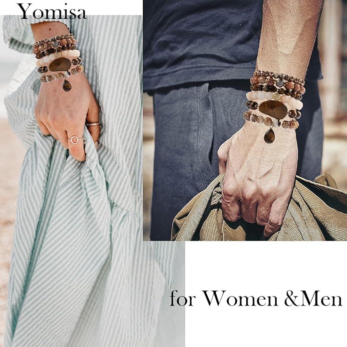 Yomisa 5PCS 6PCS Natural Boho Beaded Bracelets/Bangle for Women Men,Healing Turquoise Jasper Agate Crystal Gemstone Stone Chakra Multilayer Wrap Bohemian Handmade Jewelry Beads Stretch Bracelet Set