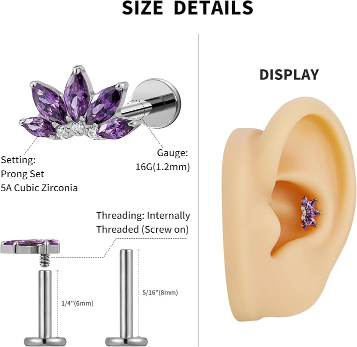 FINE4U 1PC ASTM F136 Titanium 16G Flatback Stud for Tragus, Helix, Conch 6mm 8mm - Screw on Cartilage Earring Piercing Jewelry