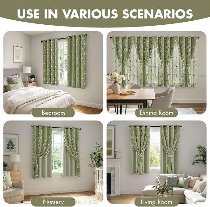 MIULEE Sage Green Double Layer Curtains 63 Inches Long, Leaf Patterned Sheer Floral Drapes and Blackout Room Darkening Window Curtains for Living Room Bedroom, Grommets Top, 52" W x 63" L, 2 Panels