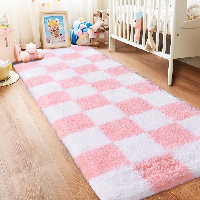 Pionblank Checkered Rug for Bedroom 2x6, Modern Fluffy Runner Rugs for Living Room, Super Soft Shaggy Bedside Carpet for Kids Room Nursery Teens Dorm Decor, Pink and White