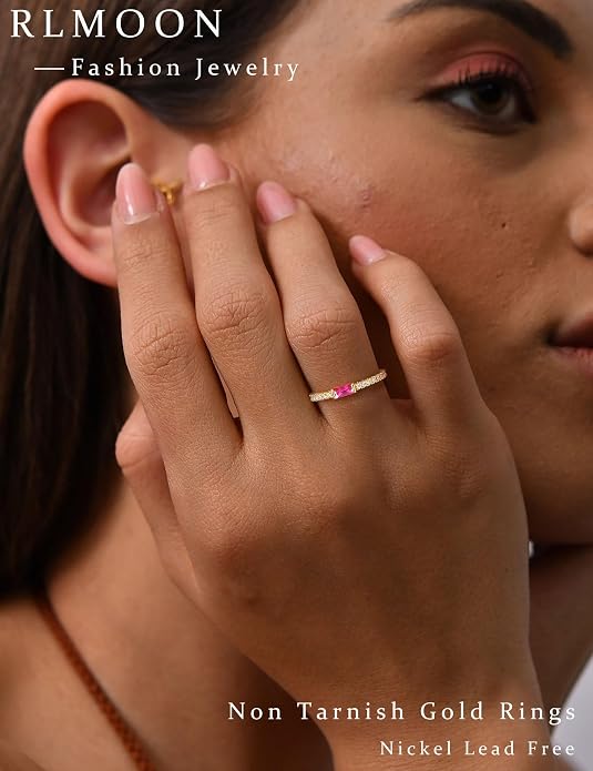 RLMOON Birthstone Gold Rings for Women Non Tarnish 14K Gold Plated Eternity Stackable Rings Dainty CZ Gemstone Engagement Rings Wedding Band Jewelry Gifts Size 4-10