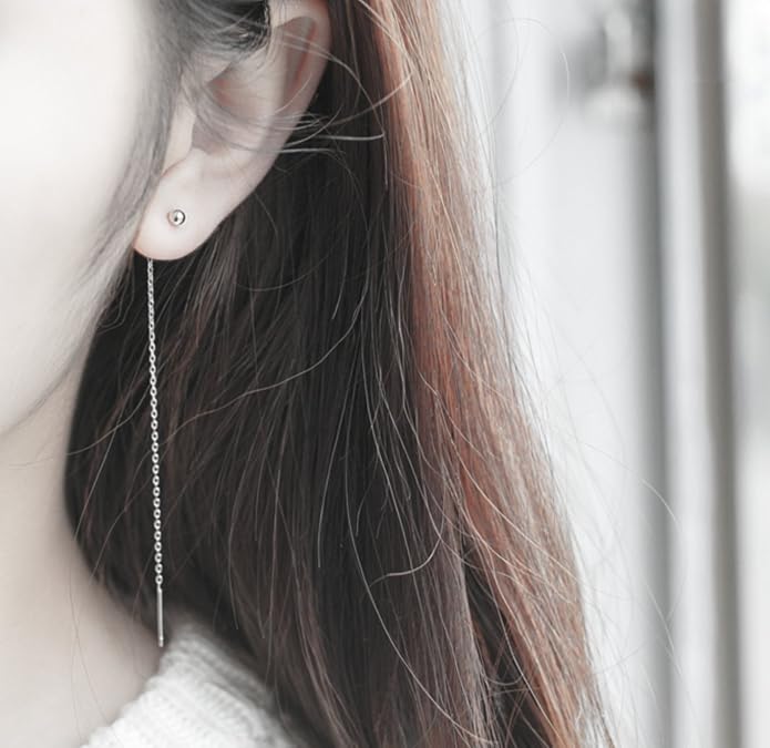 S.Leaf Threader Earrings for Women 925 Sterling Silver Gold Plated Hypoallergenic Backless Ardant Chain Duster Tassel Drop Double Piercing Pull Through Earrings for Women Trendy