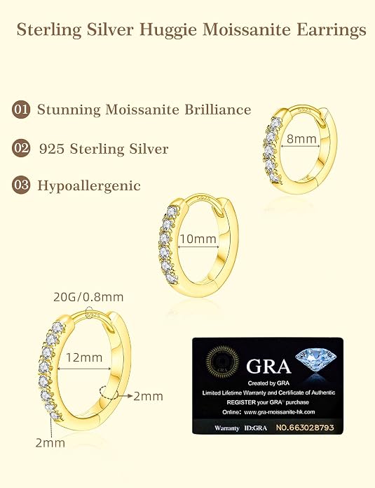 3 Pairs Small Huggie Hoop Moissanite Earrings for Women Men, Hypoallergenic 925 Sterling Silver Cartilage Earrings, Gifts Jewelry Set