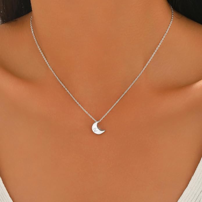 925 Sterling Silver Crescent Necklace for Women, Dainty Moon Star Choker Chain Necklace to Daughter Mother, 14k Gold Plated Moon and Star Charm Pendant Necklaces Jewelry Gift for Birthday Mother's Day