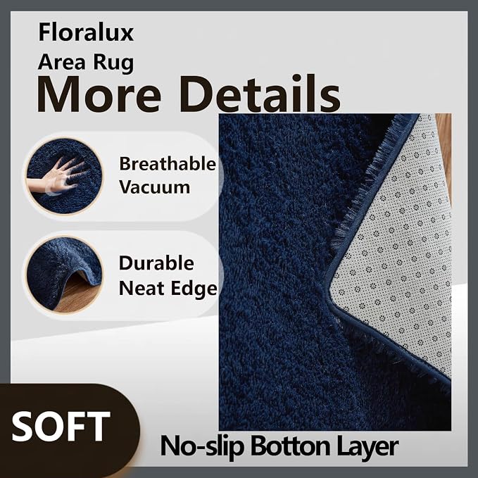 Floralux 8x10 Area Rug for Bedroom, Dark Blue, Large Shag Rugs Living Room Rug, Ultra Soft Shaggy Fluffy Carpet for Playroom, Plush Modern Floor Carpets for Kids Room, Home Office