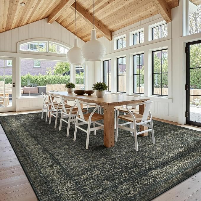 10x14 Washable Area Rug for Living Room, Extra Large,Green Vintage Floral Boho Rugs for Dining Room, Farmhouse, Durable Low Pile Non Slip Carpet for High Traffic Areas, Moss Brown