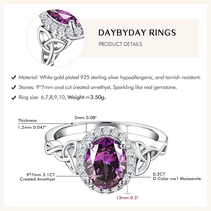 DAYBYDAY Celtic Birthstone Rings for Women 925 Sterling Silver Heart/Round/Pear/Oval Created Gemstone Moissanite Halo Engagement Promise Rings for Her Wife Birthday Anniversary Wedding Jewelry