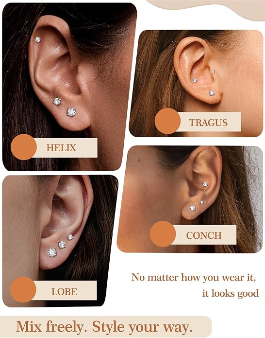 3 Pairs Moissanite Flatback Stud Earrings for Women, 925 Sterling Silver Hypoallergenic Flat Back Cartilage Earrings Set, 18K White Gold Plated