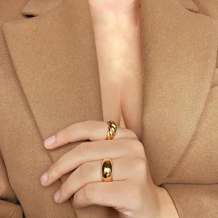 JINEAR 18k Gold Filled Chunky Rings for Women Croissant Dome Statement Ring Trendy Twisted Braided Band Stacking Star Rings Jewelry Gifts