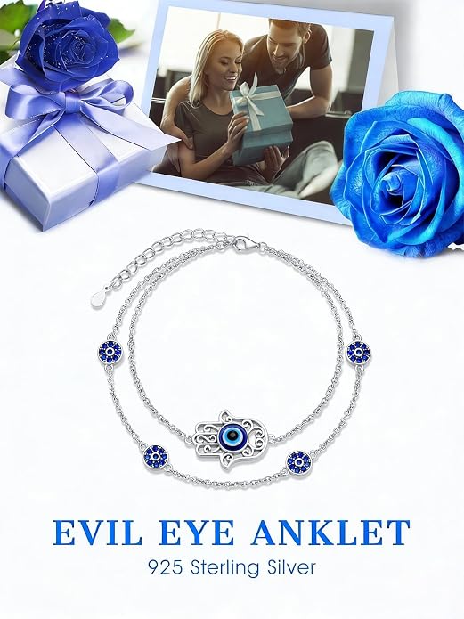 925 Sterling Silver Ankle Bracelet Evil Eye/Dolphin/Sea Turtle/Infinity/Wave Seashell/Hamsa Ankle Bracelet Adjustable Summer Beach Ocean Jewelry for Women