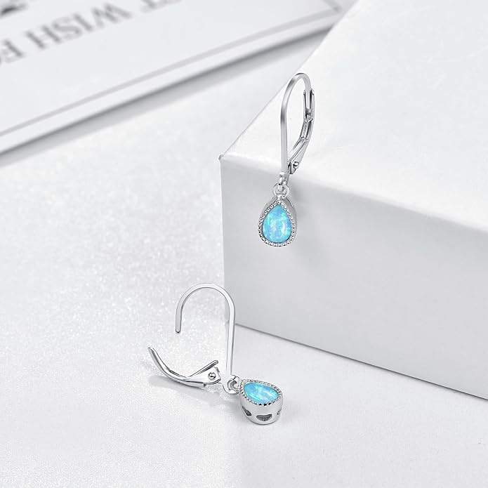 Teardrop Leverback Drop Dangly Earrings, 925 Sterling Silver with Opal/Moonstone Hypoallegenic for Sensitive Ears Jewelry Gift for Women Girlfriend with Gift Box