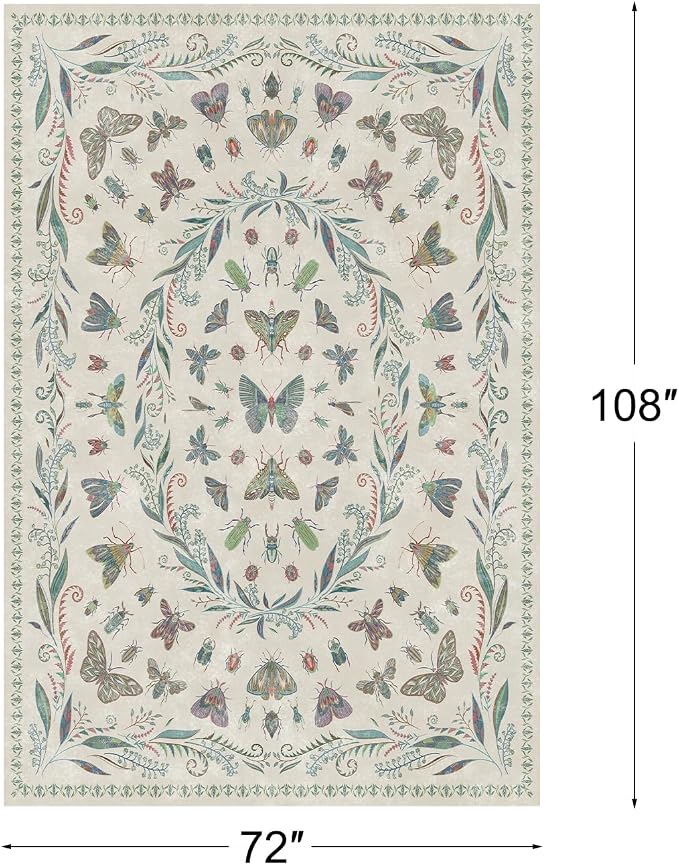Lunasun Beige Green Rugs for Bedroom Under Bed - 6x9 Area Rug for Living Room, Dining Room, Kids Playroom, Fun Insect Cute Décor,Ultra Soft Non Slip Stain Resistant