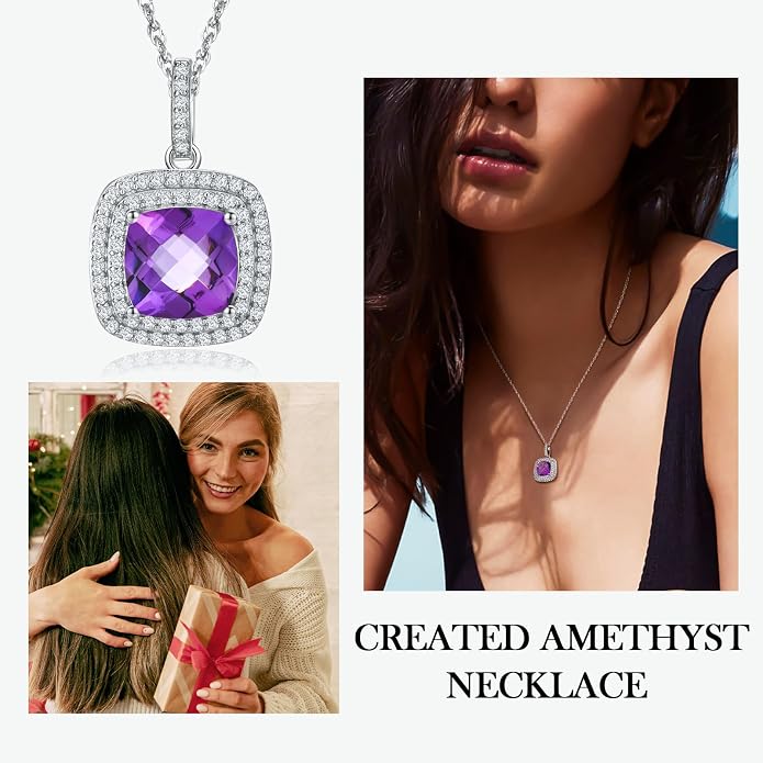 Birthstone Necklace for Women 925 Sterling Silver Cushion/Pear Cut Created Gemstone Halo Pendant Necklace Birthstone Jewelry