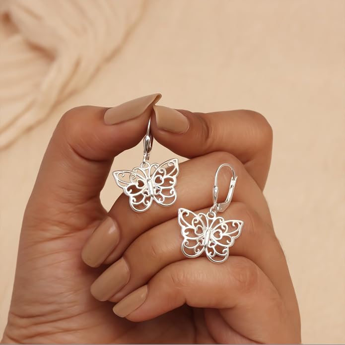 Charmsy 925 Sterling Silver Filigree Earrings for Women | Lightweight Diamond-Cut Openwork Leverback Dangle Earrings | Romantic Jewelry Gifts for Women