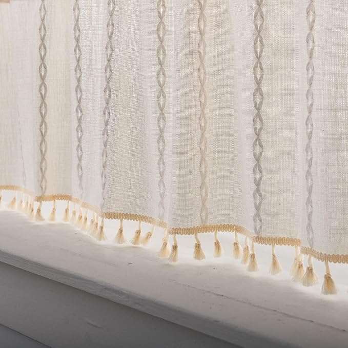 ColorBird Boho Kitchen Cafe Curtains Window Valances Boho Short Curtains & Drapes 36 Inch Length 2 Panels White Light Filtering Embroidered Striped for RV Camper Laundry Room