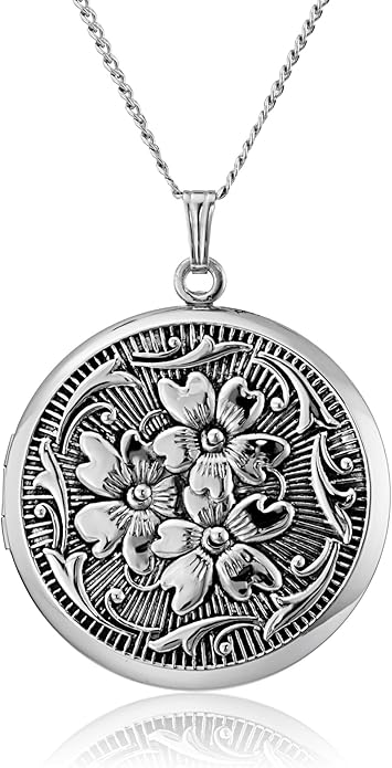 Amazon Essentials Sterling Silver Round Embossed Antique Finish Photo Locket Pendant Necklace, Holds 2 Pictures, 20"