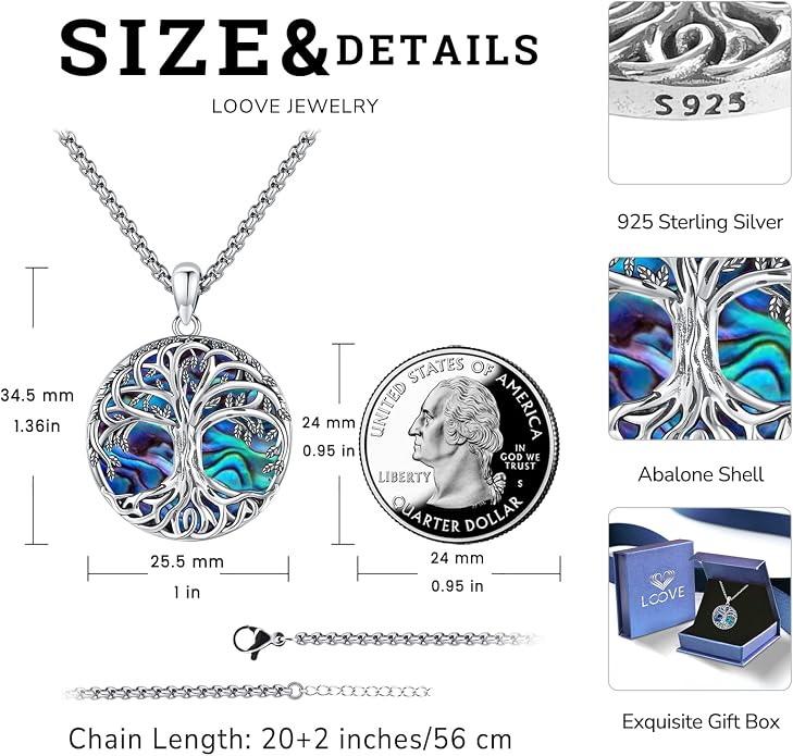 Jewelry Gifts - Tree of Life Necklace Sterling Silver Abalone Shell/Opal/Moonstone/Black Onyx/Turquoise/Malachite/Crystal Family Tree of Life Jewelry for Women Men