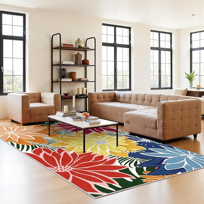 ZonLi Colorful Outdoor Rug 9x12Ft Waterproof Multicolored Indoor Area Rug Washable Outdoor Patio Rugs Tropical Floral Non Slip Outdoor Carpet for Living Room, Pool,Backyard,Deck,Camping
