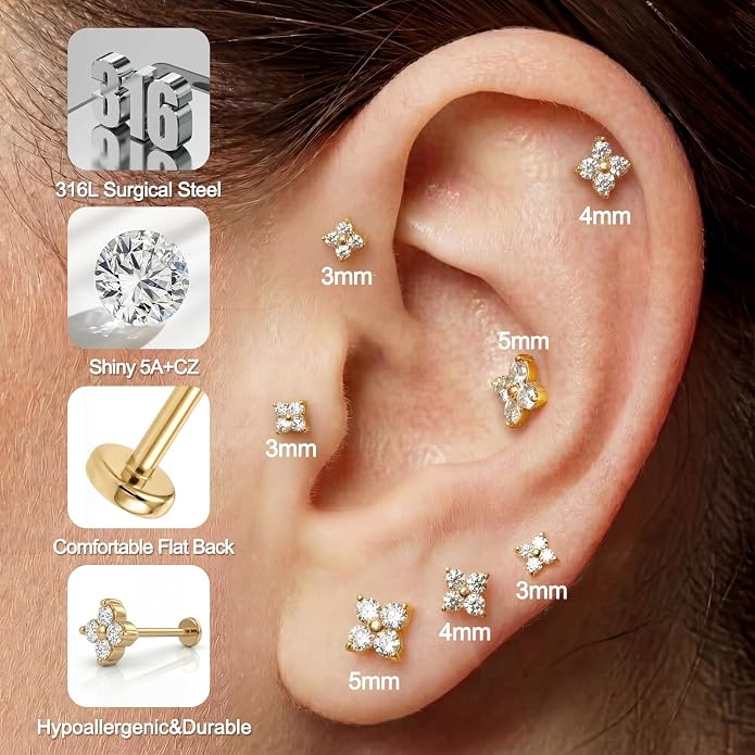 FANSING Short Threadless Cartilage Earring Stackable CZ Birthstone Flat Back Earrings for Women Small Stud Earrings for Tragus Helix Earlobe 18K Gold Plated ‌Rainbow 5.0mm