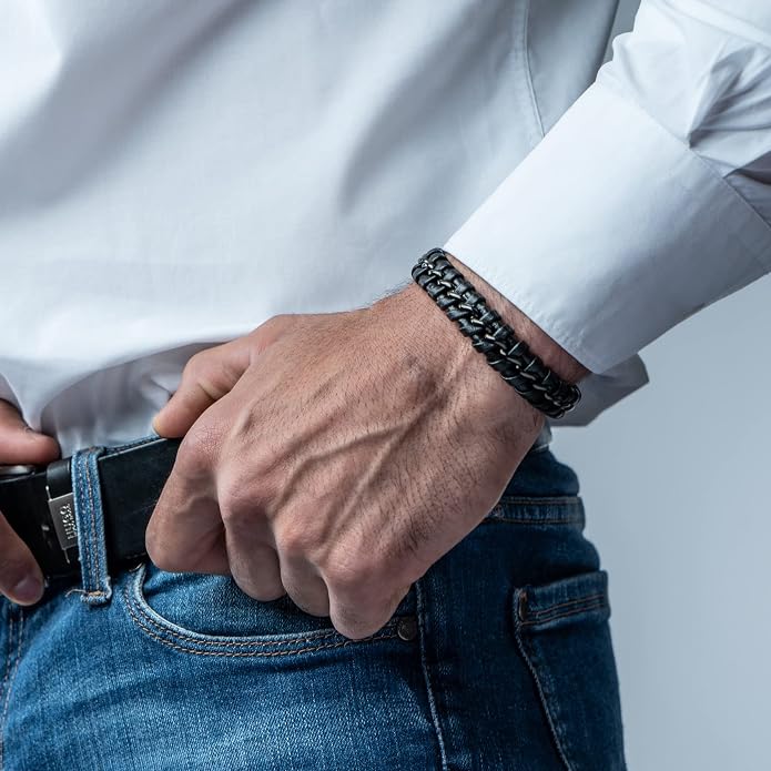 SERASAR Premium Leather Bracelet Men | Stainless Steel Magnetic Clasp | Three Colors | Jewelry Box Included