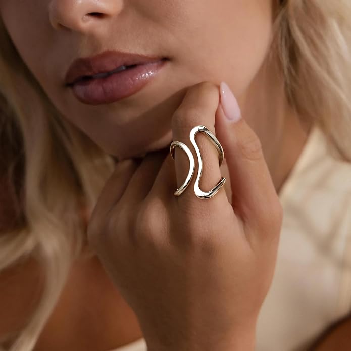 Gelbesty Waterproof Gold Statement Rings for Women, 14K Gold Plated Chunky Open Stackable Rings Non Tarnish Fashion Adjustable Stainless Steel Pinky Knuckle Signet Vintage Ring Jewelry Size 5-11