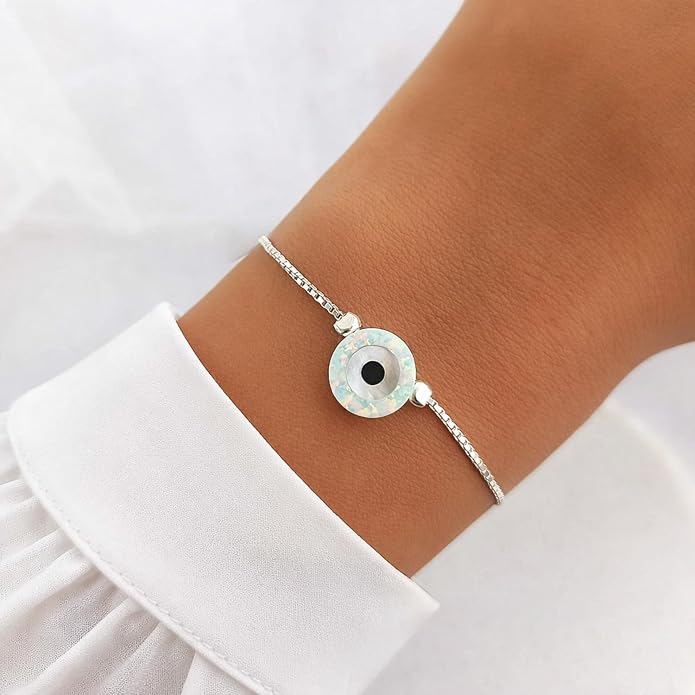 Minimalist Evil Eye Charm Bracelet – Handmade Delicate Good Luck Jewelry for Women – Adjustable 6.5” + 1” Extender