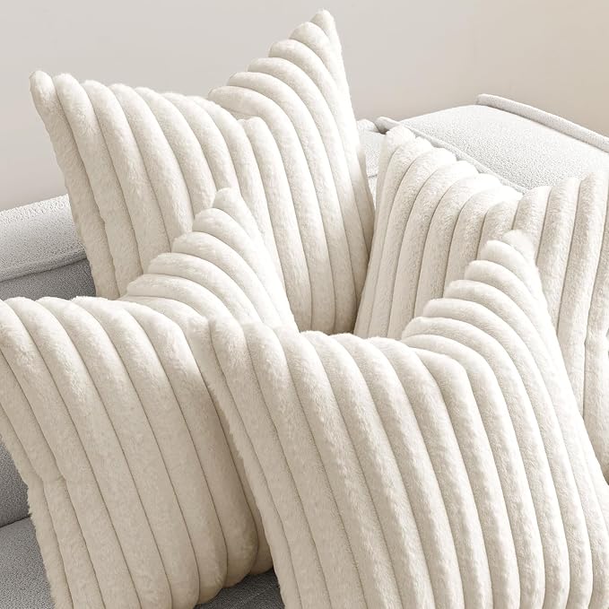 MIULEE Faux Fur Plush Decorative Throw Pillow Covers 18x18 Set of 4, Spring Modern Soft Fuzzy Striped Cushion Covers for Sofa Couch Bed Living Room Cozy Home Decor,Cream White