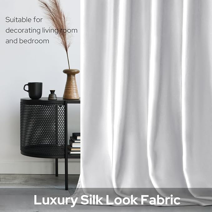 HOMEIDEAS 2 Panels Greyish White Faux Silk Blackout Luxury Curtains, 52 X 96 Inch Room Darkening Satin Thermal Insulated Window Drapes for Bedroom Decor, Indoor