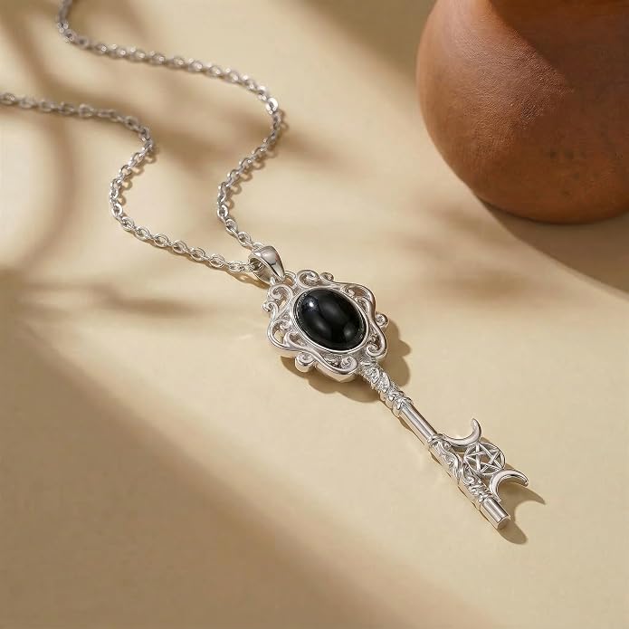 Natural Moonstone Crystal Key Necklace for Women, Retro Triple Moon Key Healing Crystal Wiccan Pagan Jewelry Gift