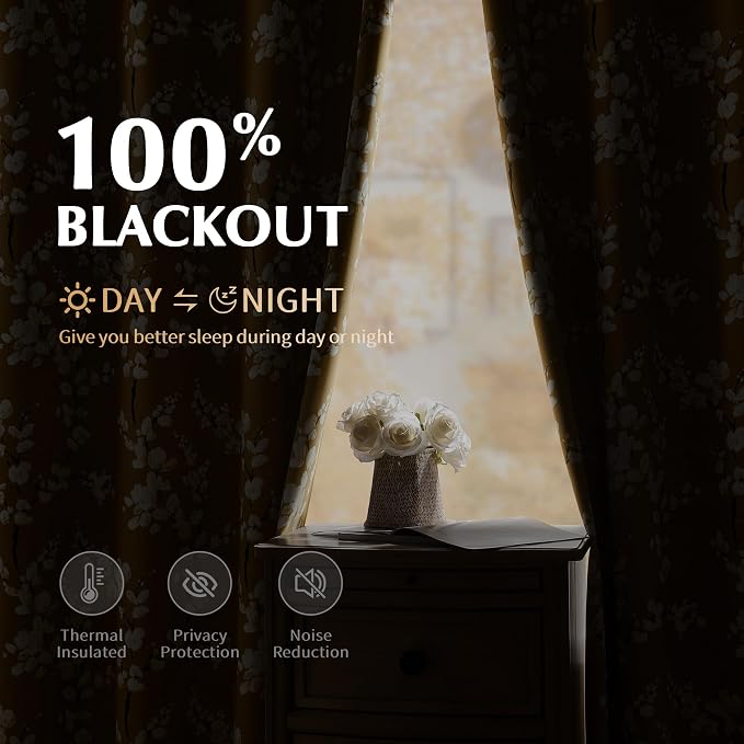 FMFUNCTEX 100% Blackout Yellow Floral Curtains 84 Inch Grommet 2 Panels | Black Out Drapes, Thermal Insulated Cottage Farmhouse, Blossom Flower Patterned Curtain for Bedroom, Living Room Darkening