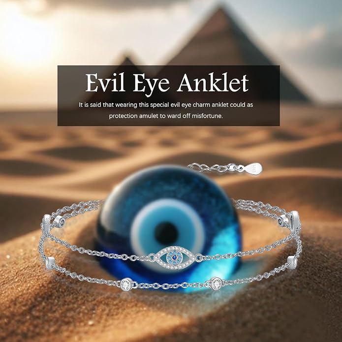 Evil Eye/Butterfly Cross Anklet for Women 925 Sterling Silver Blue Evil Eye Anklets Butterfly Bracelets Greek Blue Eyes Layered Protection Chain Jewelry Christmas Gifts