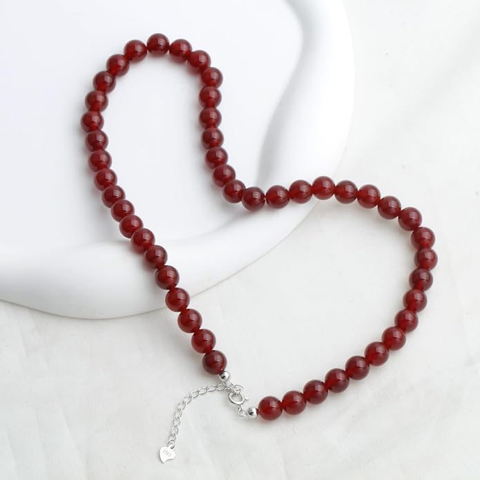 Kakikaki Natural Agate Choker Necklace Sterling Silver Round Beads Strand Necklace for Women