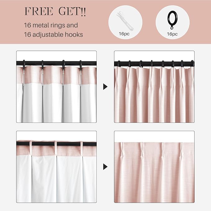 Pinch Pleated Curtains 100% Blackout Linen Curtains 90 Inches Long for Bedroom Living Room, Pink Memory Trained Thermal Insulated Room Darkening Window Pleat Drapes with Hooks, 2 Panels, 40"Wx90"L