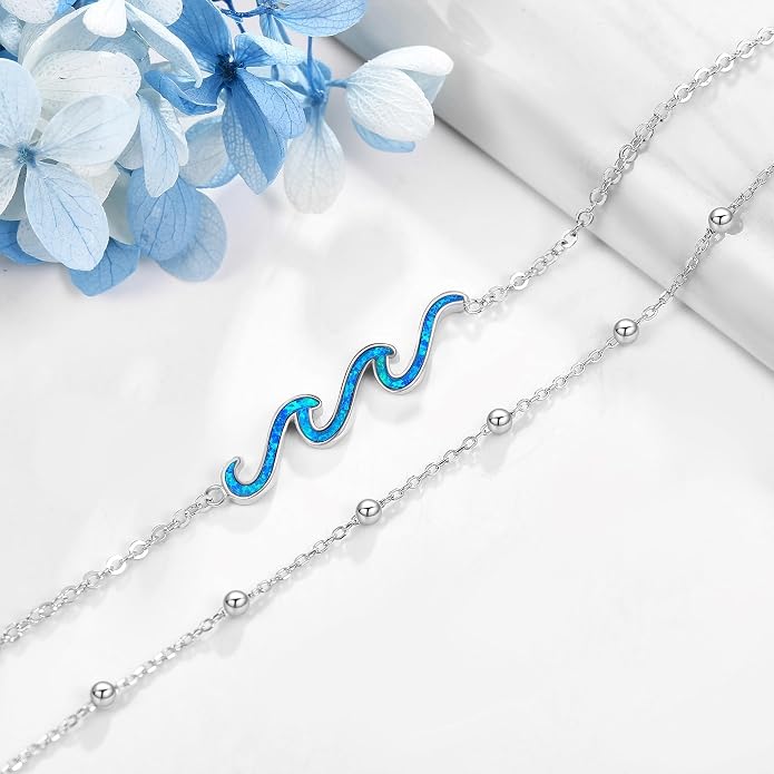 YFN Wave Anklet 925 Sterling Silver Ocean Wave Layered Ankle Bracelet Wave Beach Jewelry for Women Gifts