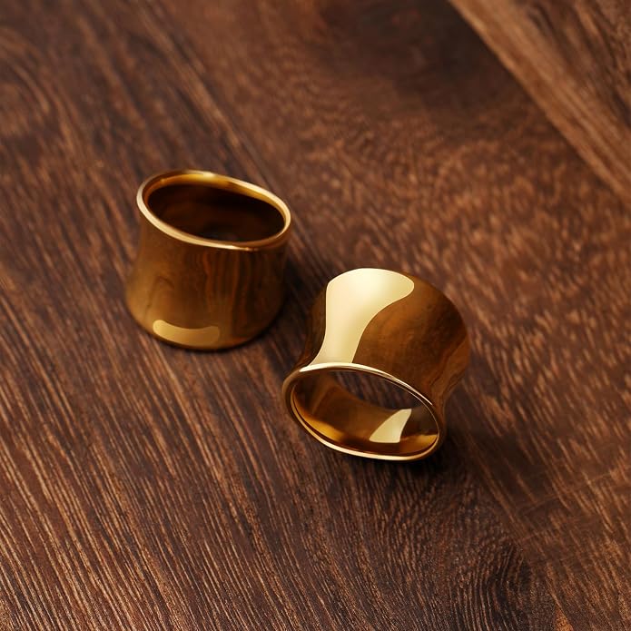 Wide Statement Band Rings for Women and Men，High 14K Gold Plated Polish Large Thumb Index Full Finger Rinds Size 6-11（Gold and Silver）