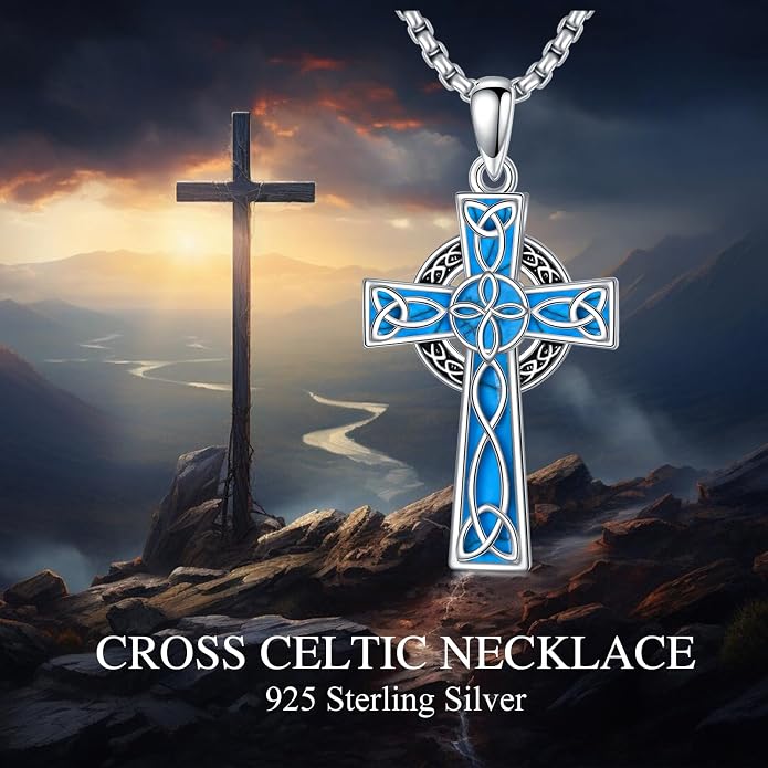 HPQQ Cross Necklace 925 Sterling Silver Turquoise Tree of Life Celtic Knot Cross Pendant Jewelry Mother's Day Gifts for Women